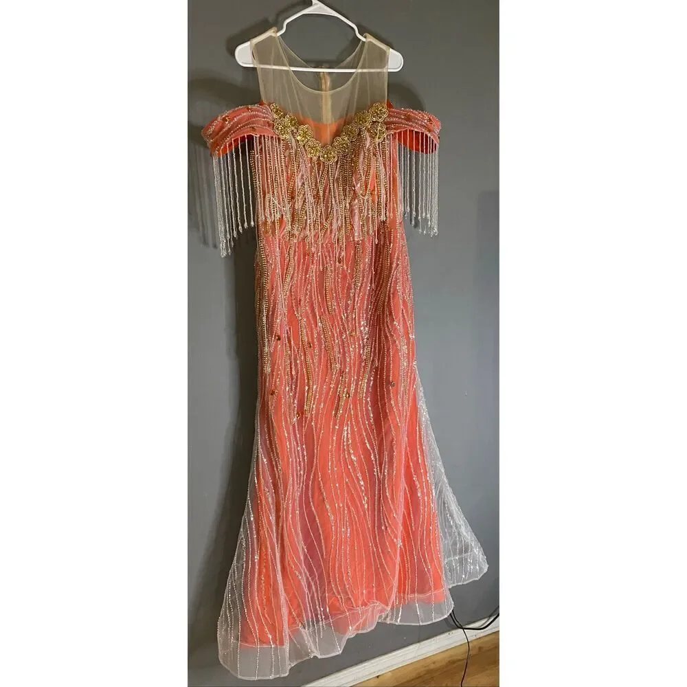 Sheer Overlay Sequins Bead Embellishments Illusion Neckline Dress 112x151CM